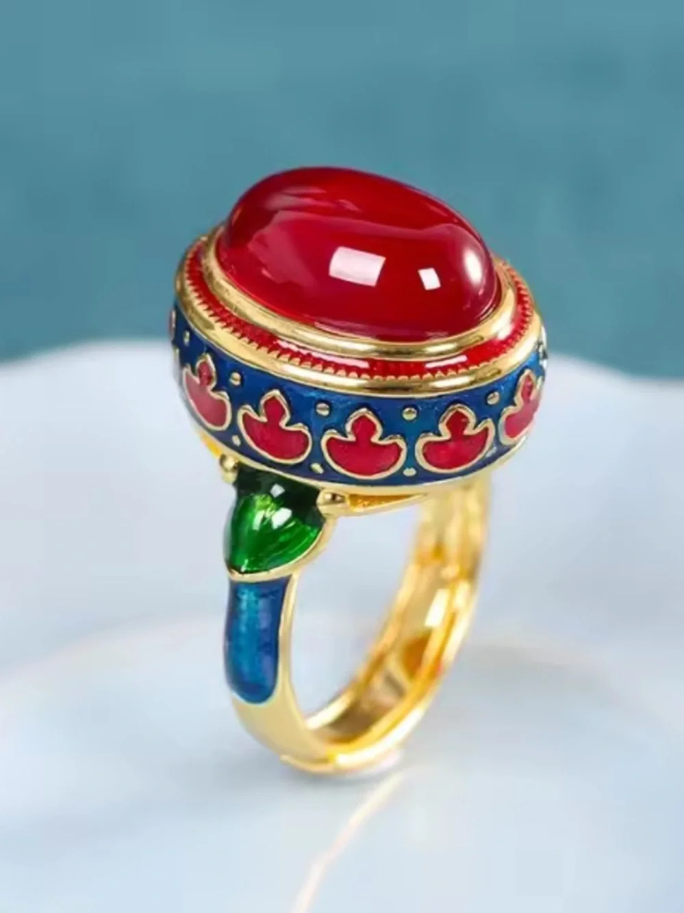 Vintage adjustable Gold-Tone Red Cabochon Multicolor Enamel Statement Ring